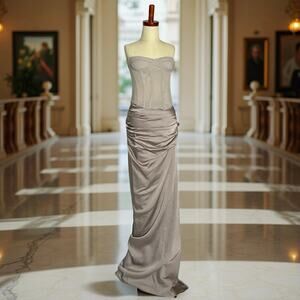 House of CB Demi Corset & Jia Maxi Skirt XS Silver Satin NWT Formal Set